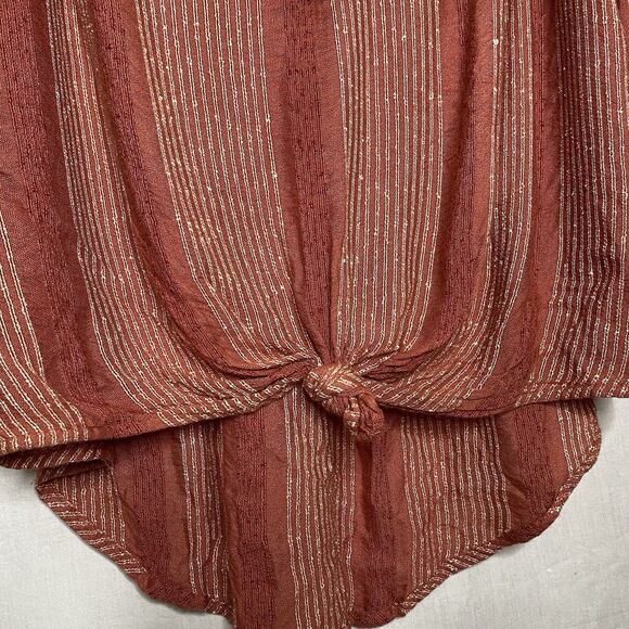 FREE PEOPLE Blouse V-Neck Rivets Tied Front Long Sleeve Boho Chic Womens M Red - Picture 8 of 10